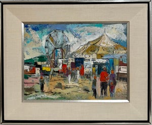 George Schwacha Jr, Modernist Oil Painting George Schwacha Carnival Circus Big Top Ferris Wheel WPA, c.1940's