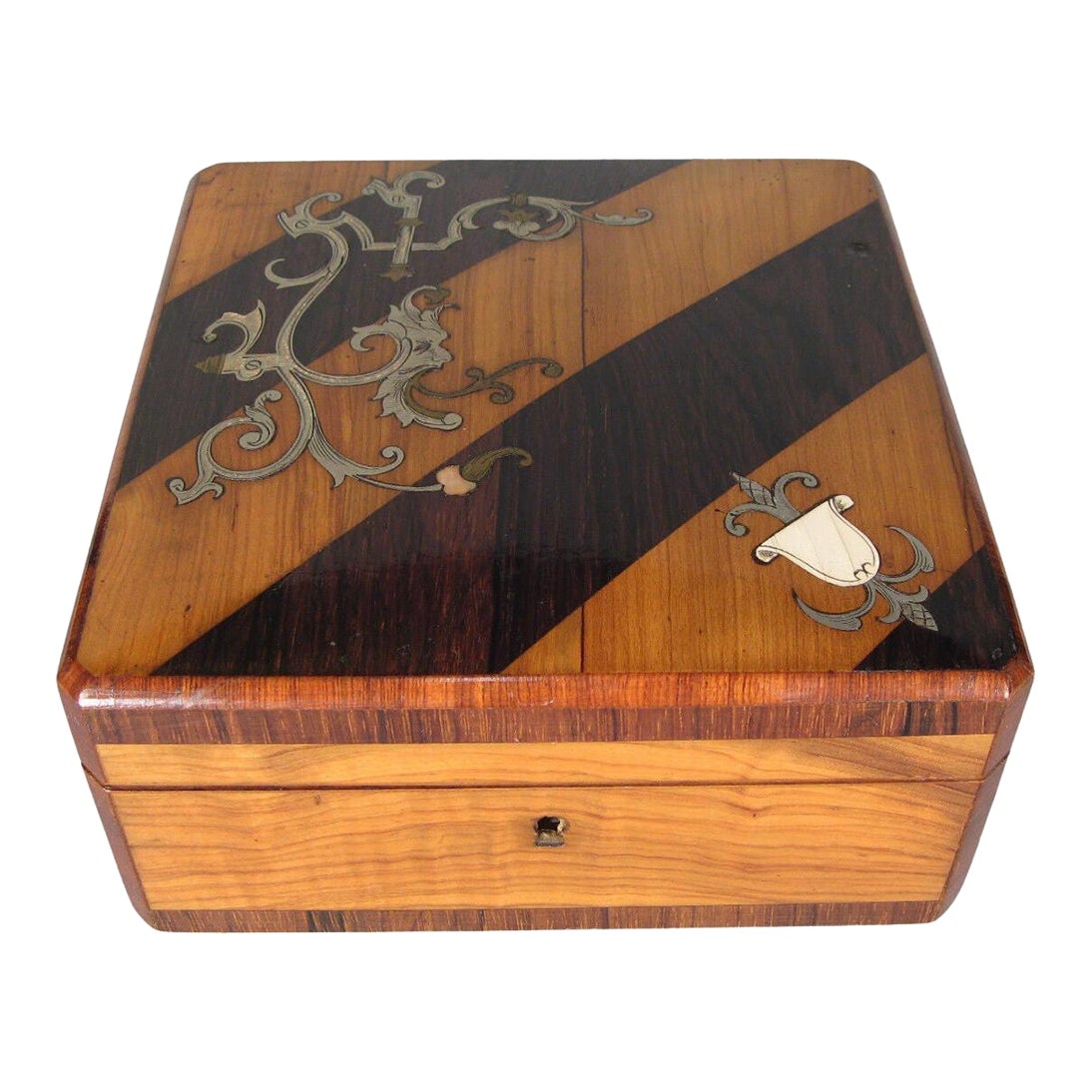 Antique Inlaid Wood Jewelry Box With Brass | Chairish