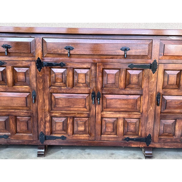 19th Century Large Catalan Spanish Baroque Carved Oak Tuscan Credenza or Buffet For Sale - Image 6 of 8