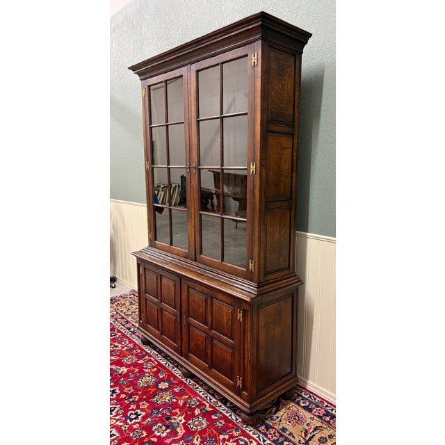 Wood Antique English Large Bookcase Bookshelf Cabinet Double Door Glass Oak C. 1910s For Sale - Image 7 of 18