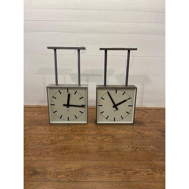 Metal Vintage Double Sided Square Trainstation Clocks from Pragotron For Sale - Image 7 of 7