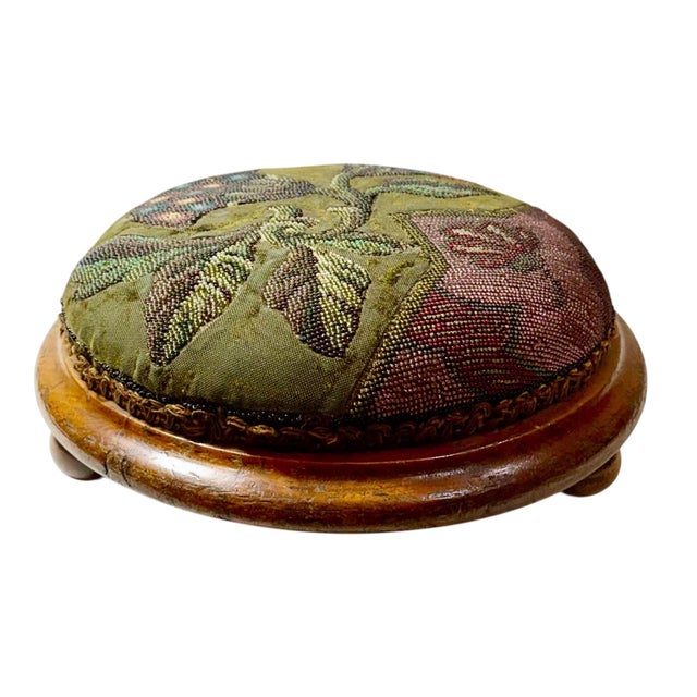 English Mid 19th Century English Beaded on Velvet Round Footstools - A Pair For Sale - Image 3 of 8