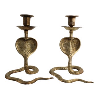 Vintage Pair of Brass Cobra Snake MCM Candlesticks For Sale