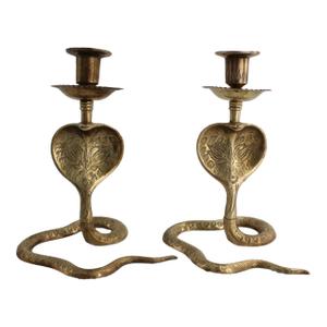 Vintage Pair of Brass Cobra Snake MCM Candlesticks