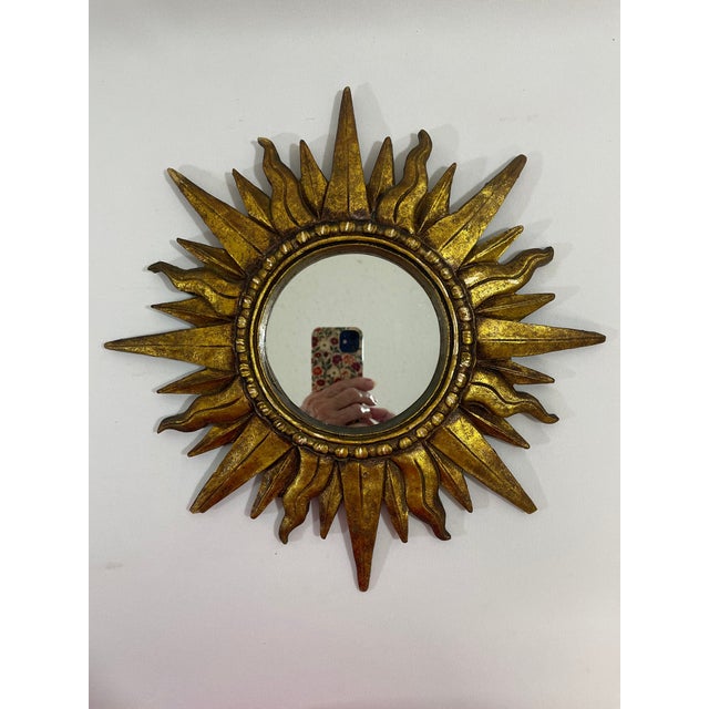 Vintage Mid 20th Century 12.5" Gilded Sunburst Accent Wall Mirror For Sale - Image 13 of 18