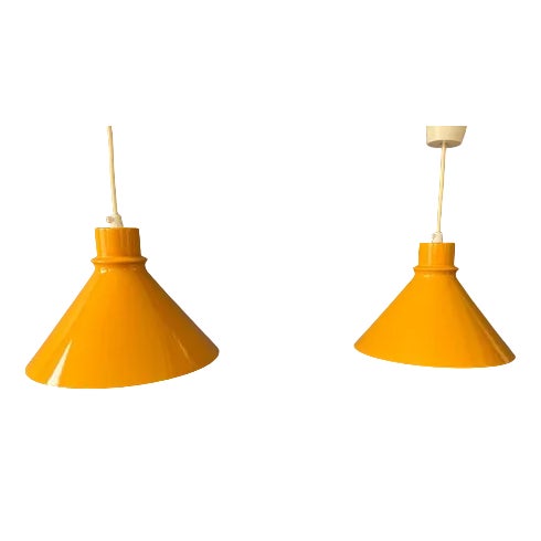 Vintage Yellow Metal Hanging Lamps, Set of 2 For Sale