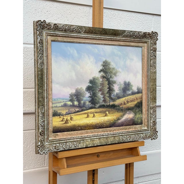 Vintage Painting of Harvest Time in the English Countryside by British Artist 1990 Circa For Sale - Image 10 of 17