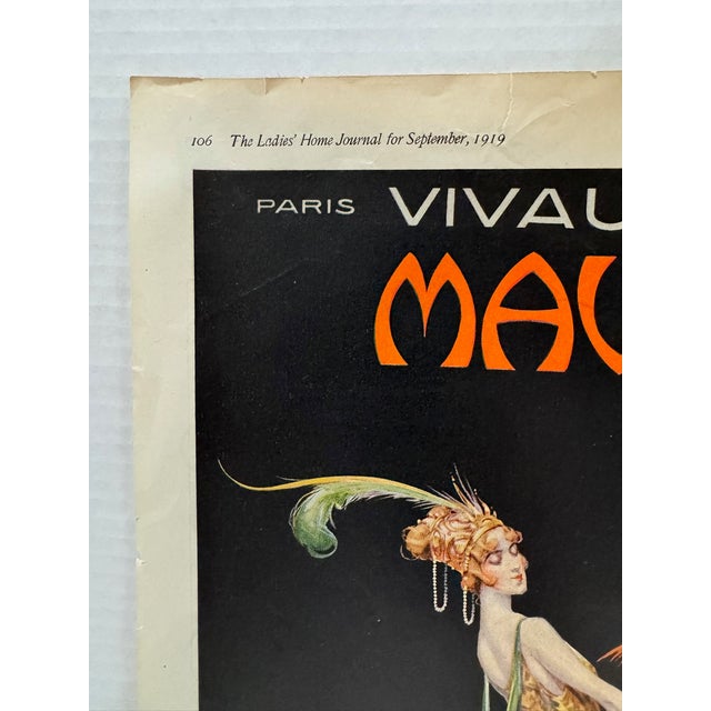 Original period advertisement from the 1919. Featuring a fashionable flapper in a flowing evening gown with an extravagant...