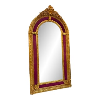 French Rococo Mirror – Burgundy Velvet Paneling & Ornate Gold Leaf Frame For Sale
