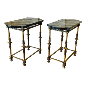 1920s Vintage Italian Portoro Marble Top SideTables With Ornate Gilded Metal Bases - Pair