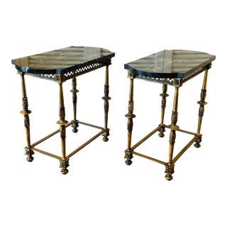 Vintage Italian Portoro Marble Top SideTables With Ornate Gilded Metal Bases - Pair For Sale