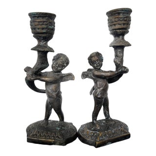 Pair Vintage Maitland-Smith Cast Bronze Cherub Candlestick Holders For Sale