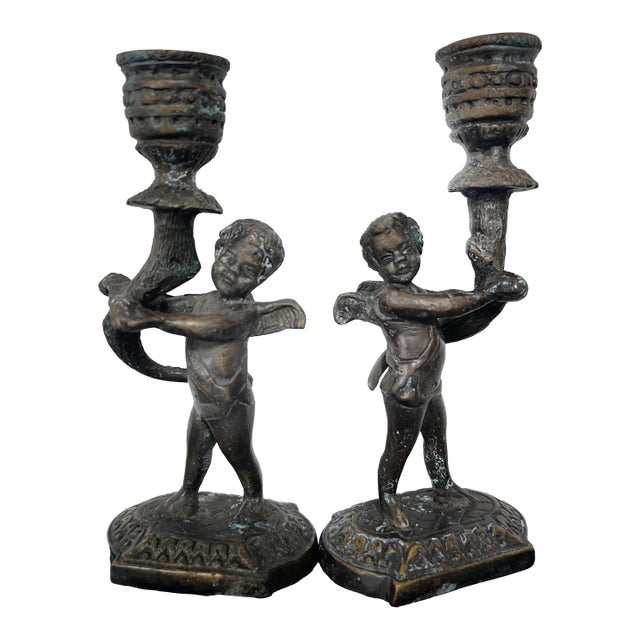 Pair Vintage Maitland-Smith Cast Bronze Cherub Candlestick Holders For Sale