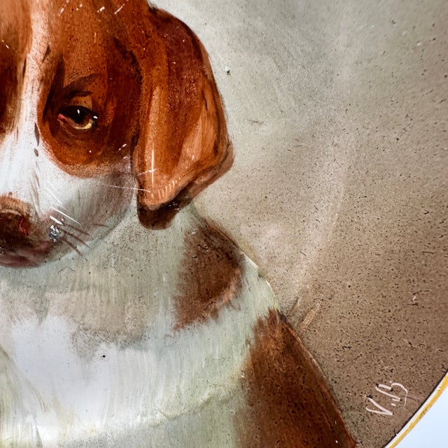 French Country Antique Creil Montereau Terre De Fer Hand Painted Dog Plate France 19th C (2) For Sale - Image 3 of 6