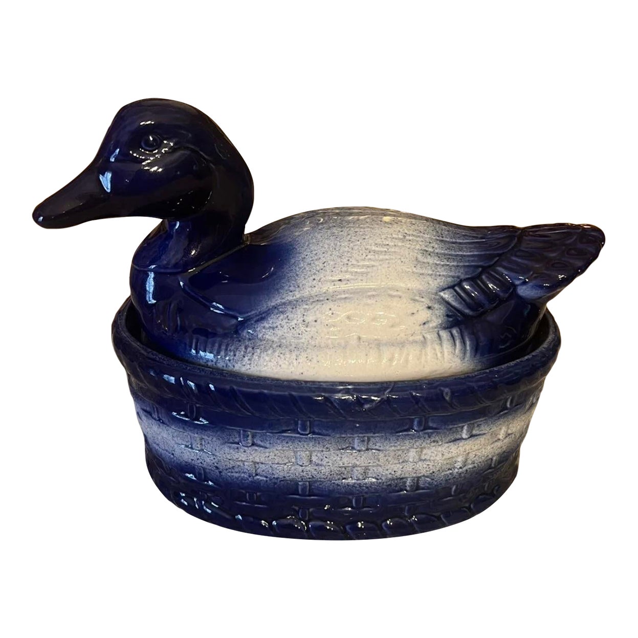 Vintage Blue and White Duck Soup Tureen Casserole BasketWeave Design