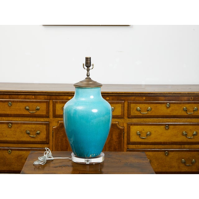 Mid-Century Modern Midcentury Turquoise Table Lamp Mounted on Lucite Base, US Wired For Sale - Image 3 of 7
