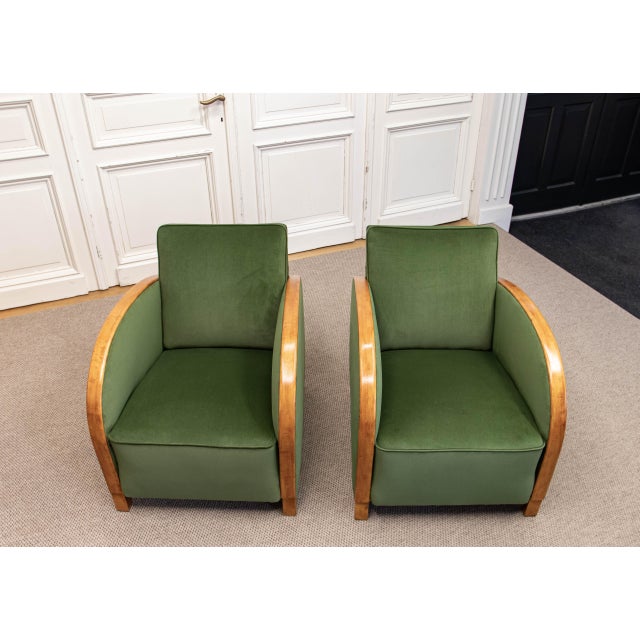 We are pleased to present this elegant pair of 1930s Swedish armchairs, “For RoseMarie” , combining sculptural Art Deco...