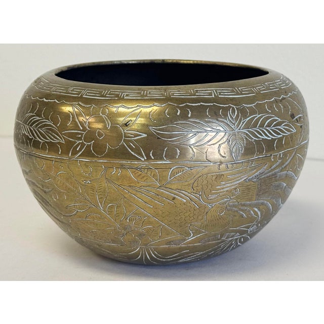 Vintage Etched Floral Brass Bowl For Sale - Image 4 of 7