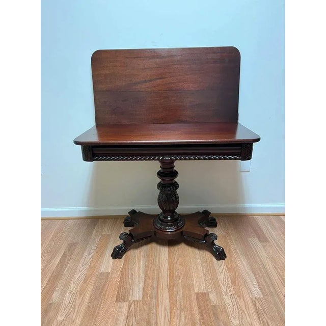 Early American Style Classical Mahogany Card Game Console Table Well made, rich wood grain, carved details with paw feet...