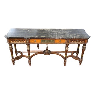 1920s French Louis XVI Style Marble Top Inlaid Satinwood & Walnut Buffet Sideboard For Sale