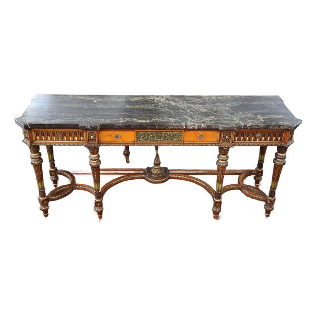 1920s French Louis XVI Style Marble Top Inlaid Satinwood & Walnut Buffet Sideboard For Sale