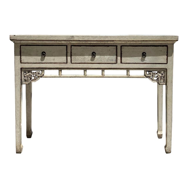 Chinese Distressed Off White 3 Drawers Side Pedestal Console Table For Sale