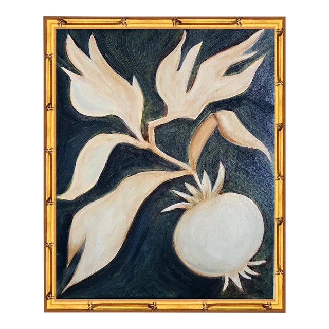 Original Botanical Pomegranate Painting in Gold Bamboo Frame, Oil on Canvas, 13" X 16" by Tatiana Duperault For Sale