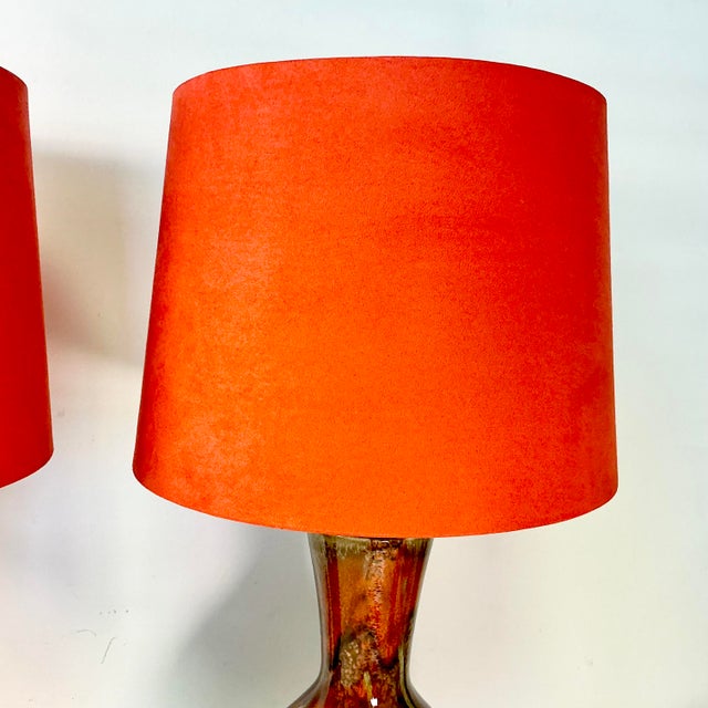1960s Vintage Boho Chic Glazed Drip Ceramic Table Lamps - A Pair, New Shades. For Sale - Image 6 of 15