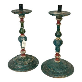 Pair Tuscan Polychrome Wooden Altar Candlesticks, Worn Patina, 18th / 19th C. For Sale
