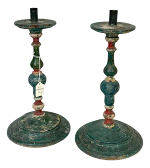 Pair Tuscan Polychrome Wooden Altar Candlesticks, Worn Patina, 18th / 19th C.