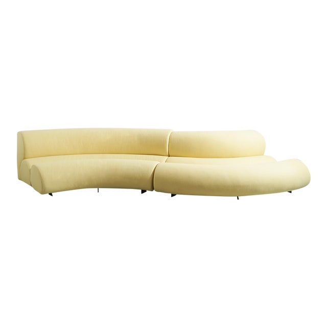 Contemporary Modern Celeste Curved Sofa in Yellow Wool Felt and Black Metal Base For Sale