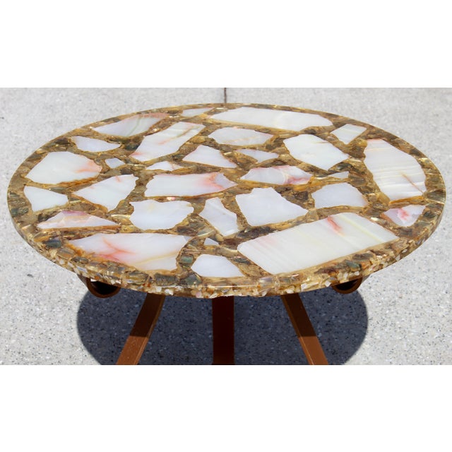Metal Vintage Agate, Onyx & Abalone Mosaic Side Table With Wrought Iron Base – Hollywood Regency / Mexican Modern For Sale - Image 7 of 17