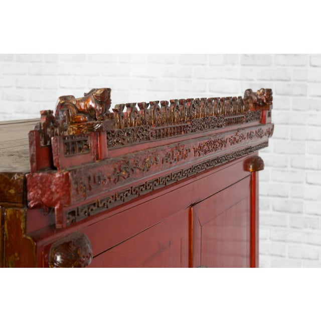 Mid 19th Century Chinese Qing Dynasty 19th Century Red Lacquered Wedding Cabinet with Carving For Sale - Image 5 of 13