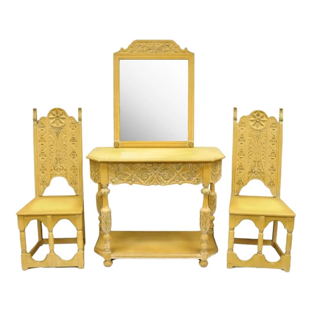 Gothic Renaissance Revival Painted Hall Altar Console Table Chair Set - 4 Pc Set For Sale