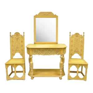 Gothic Renaissance Revival Painted Hall Altar Console Table Chair Set - 4 Pc Set