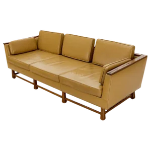 Mid-Century Modern Tan Leather Oak Frame Sofa by Ranch Oak