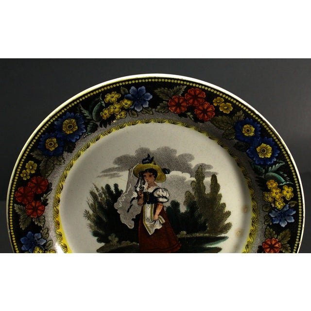 1830s Creil Et Montreau French Faience Polychrome Transfer Plate Country Girl For Sale In Houston - Image 6 of 14
