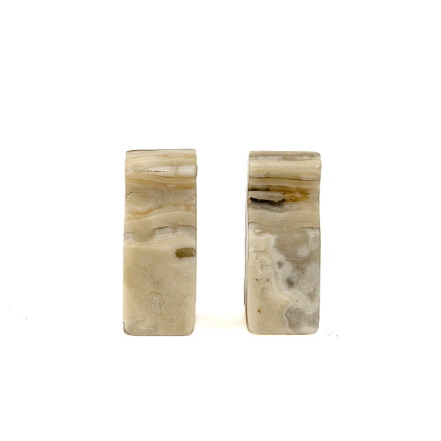 Mid 20th Century Vintage Hand Carved Striped Onyx Marble Fleur De Lis Bookends For Sale - Image 5 of 9