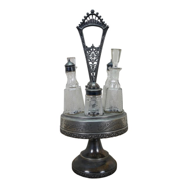 Antique Victorian Silver Plate Floral Etched Rotating Cruet Condiment Set- 7 Pieces For Sale