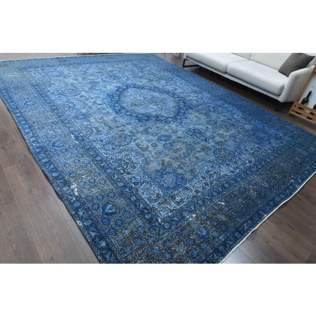 1970s Vintage Persian Handmade Wool Cotton Blue Area Rug For Sale - Image 9 of 11
