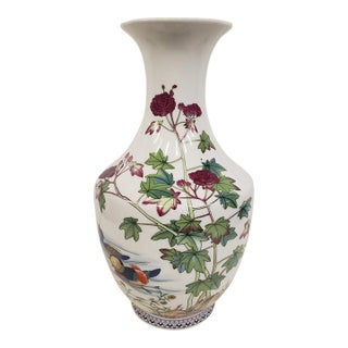 Late 20th Century Chinese Porcelain Floral & Mandarin Duck Motif Vase With Poem, Stamped For Sale