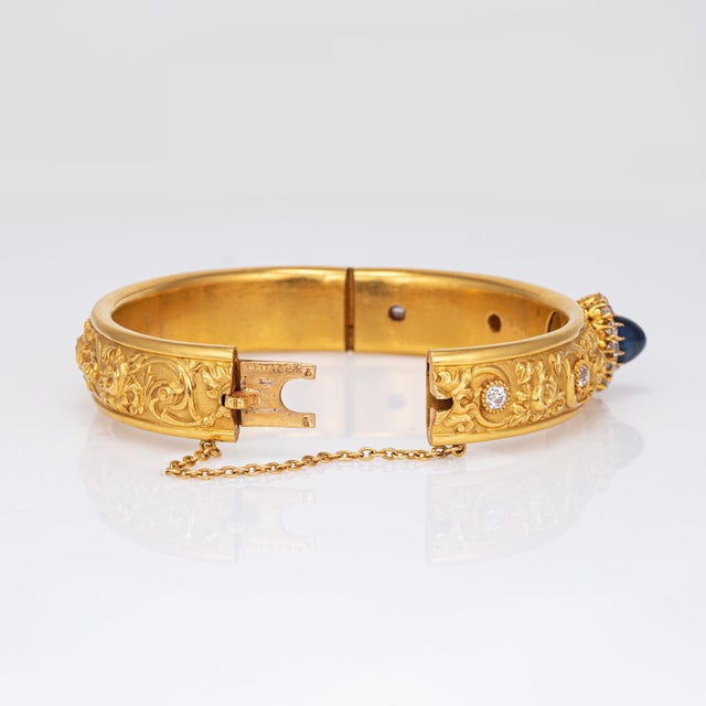 Late 19th Century Antique Gia No Heat Sapphire Diamond Bracelet 19k Yellow Gold Leitao & Irmao For Sale - Image 5 of 6