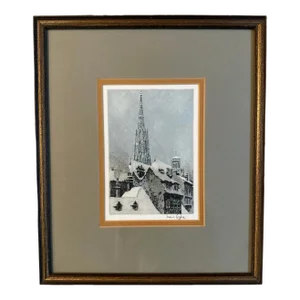 Early 20th Century Hans Figura Signed Color Etching Mozart’s House and St. Stephen’s Cathedral Vienna Austria