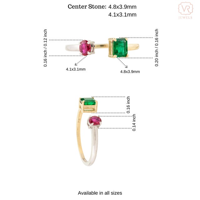 Metal 18k Open Two Tone Emerald & Ruby Toi Et Moi Ring Size 6 For Sale - Image 7 of 12