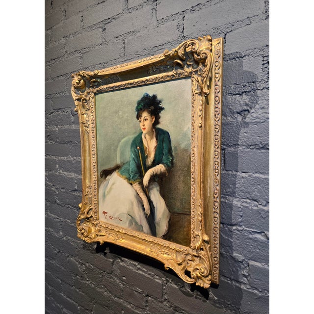 Fernand Toussaint -Elegant Belle Epoque Woman W/Parasol- Oil Painting For Sale - Image 11 of 12