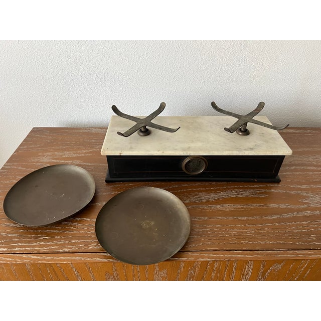 Antique French Bruyat Lyon Marble Top Kitchen & Culinary Balance Scale Ebonized Base and Brass Pans For Sale - Image 12 of 12