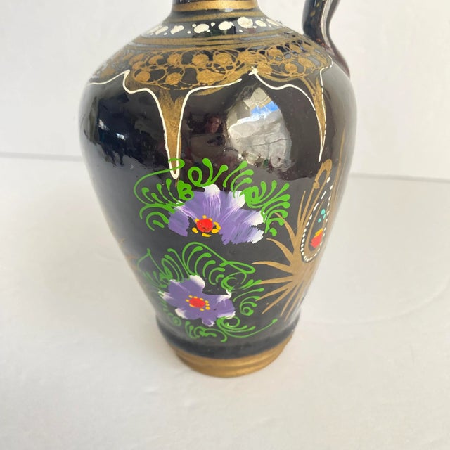 Hand Painted Pitcher & Petite Cups Port Wine Decanter Turkish Pottery Carafe Set of 7 For Sale - Image 9 of 12