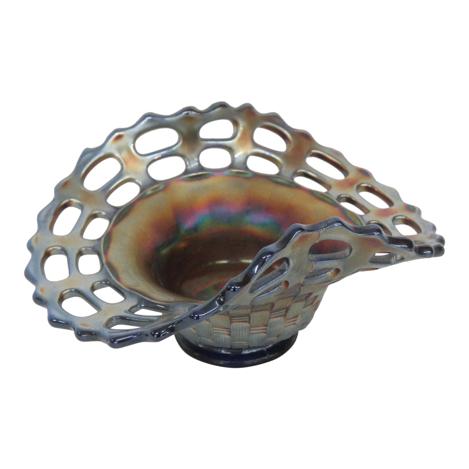 Fenton Carnival Glass Basket Weave Open Lace Edge Bonbon Candy