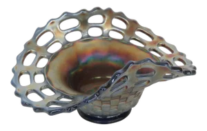 Fenton Carnival Glass Basket Weave Open Lace Edge Bonbon Candy Dish