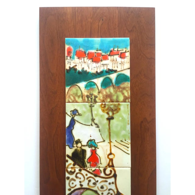 Aqua Harris Strong Vintage Mid Century Modern Hand Painted Ceramic Tile Walnut Wood Wall Art Panels - Set of 2 For Sale - Image 8 of 13